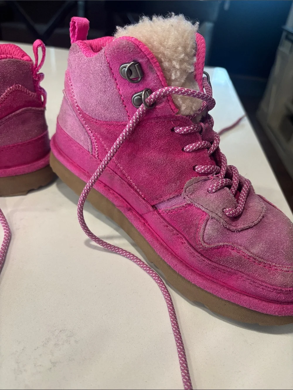 UGG Kids Hot Pink Suede Shearling-Lined Lace-Up Boots